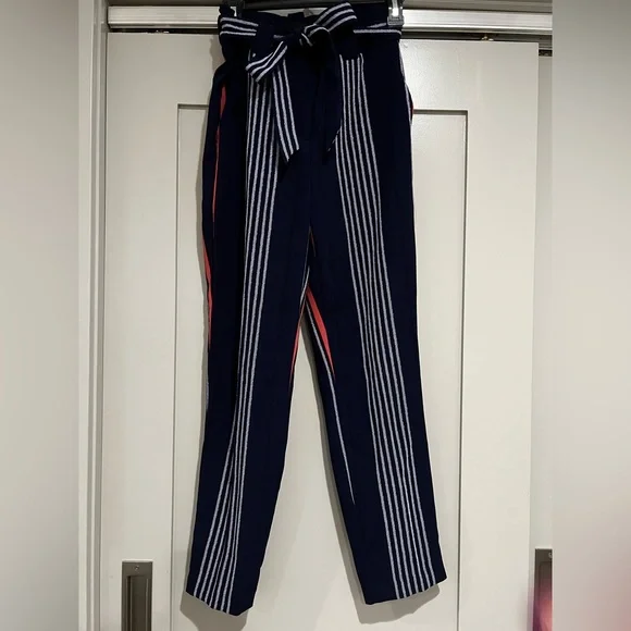 Express - Striped Navy Slack Pants with Belt - Picture 1 of 4